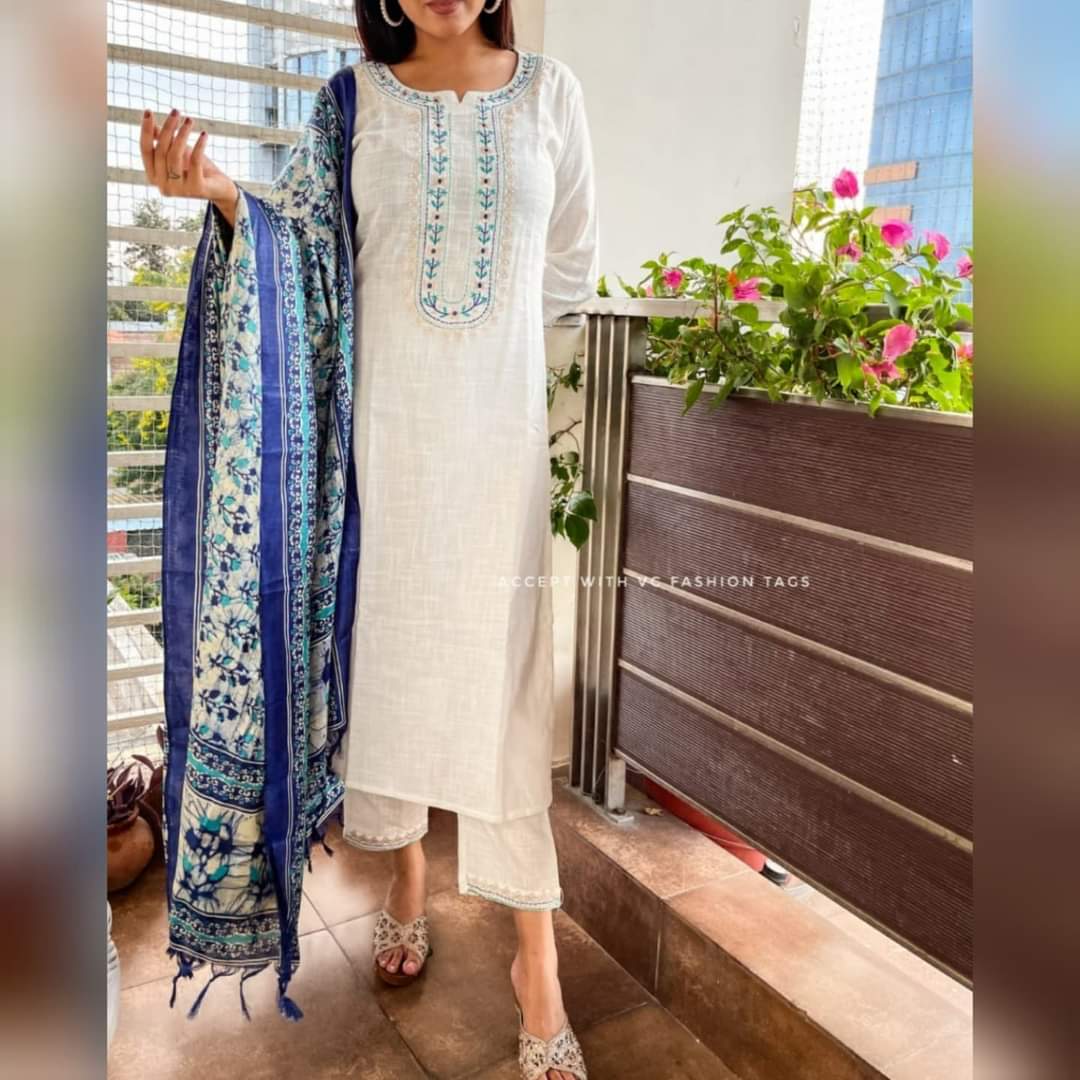 Women Cotton Slub Off-White Kurta Pant and Khadi Silk Dupatta set