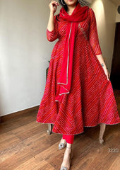 Rakhi Special - Women Bandhej Red cotton Kurta Pant and Dupatta set