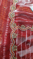 Rakhi Special - Women Bandhej Red cotton Kurta Pant and Dupatta set