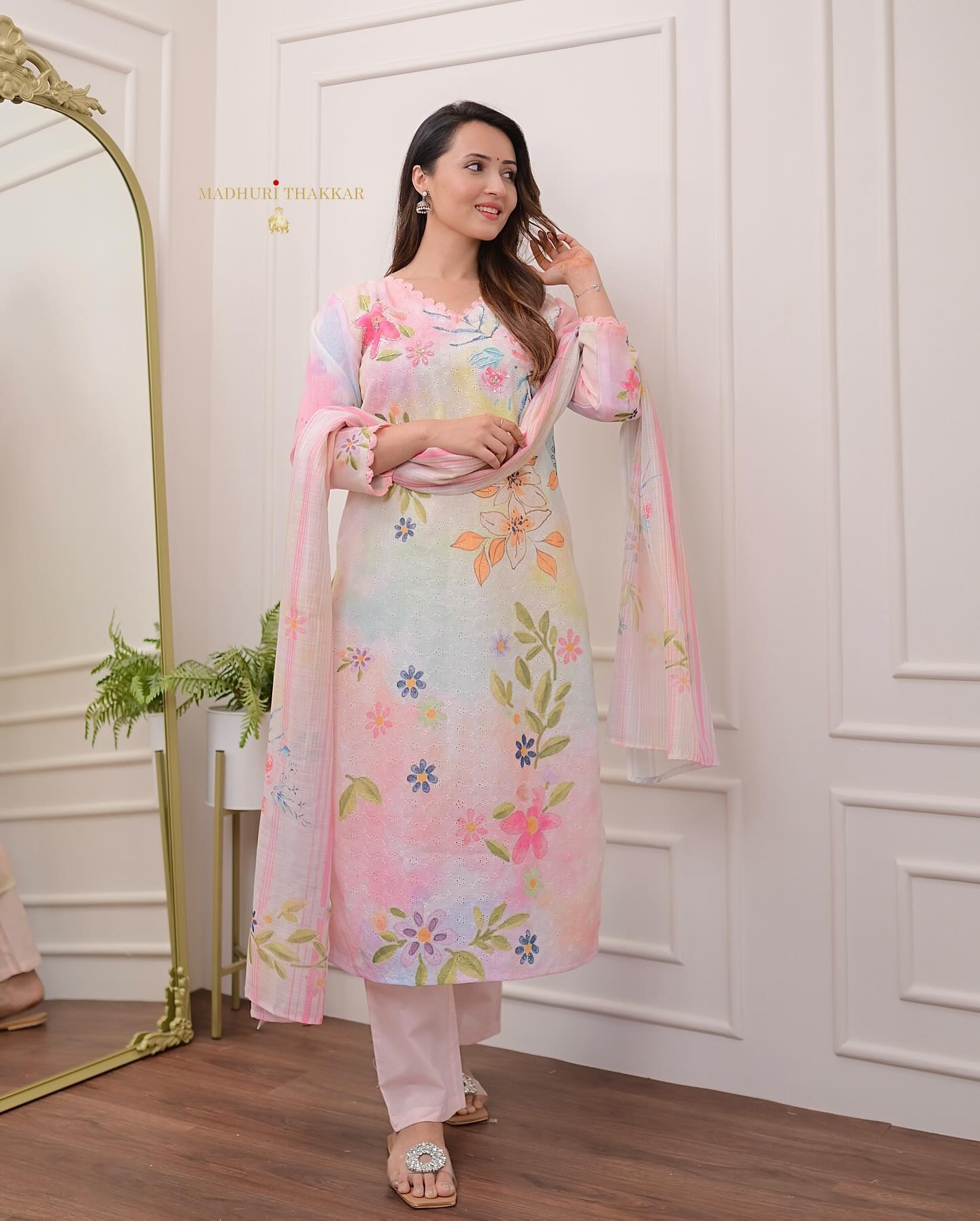 Women Cotton Chikan Schifli Kurta Pant and Dupatta set