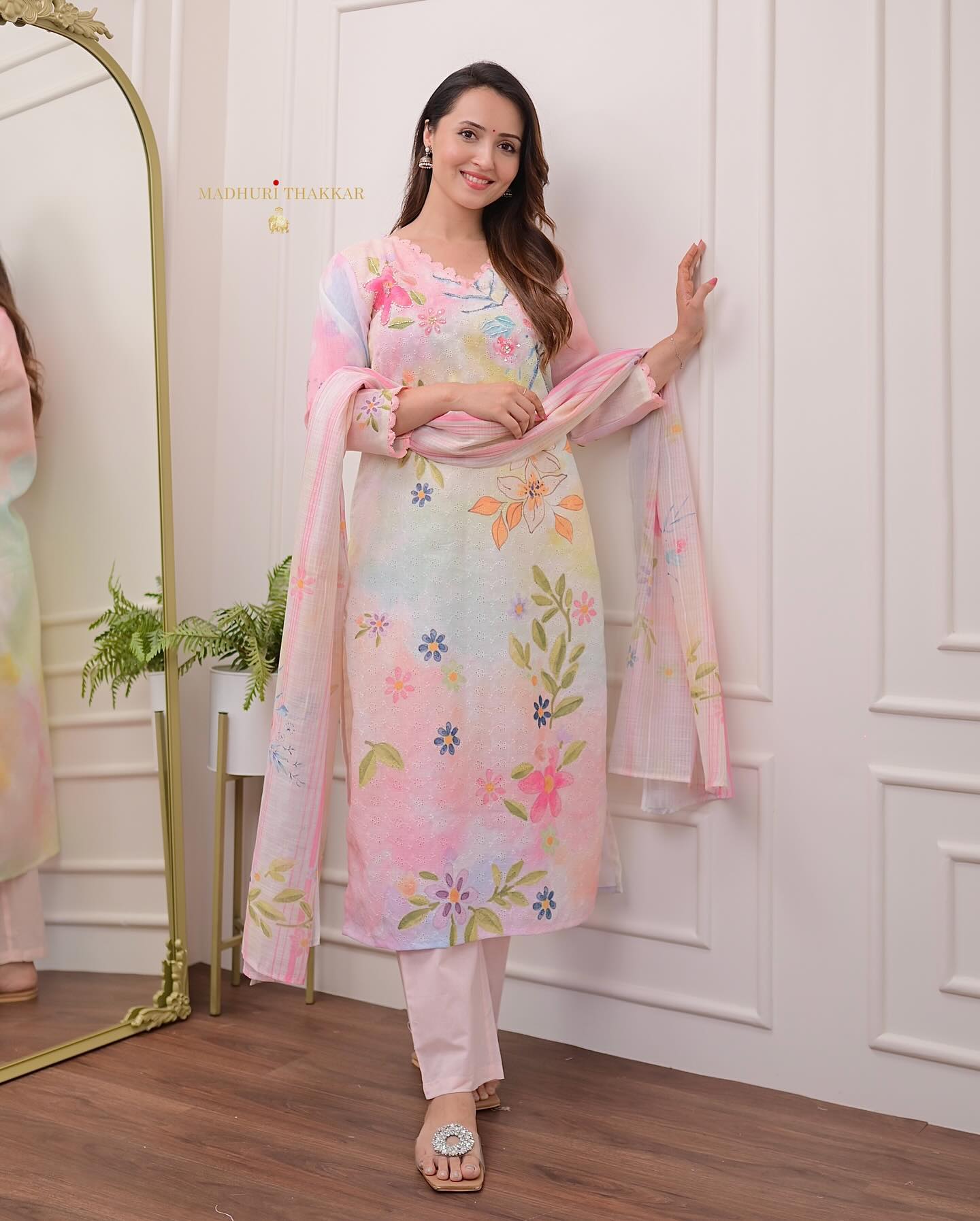 Women Cotton Chikan Schifli Kurta Pant and Dupatta set