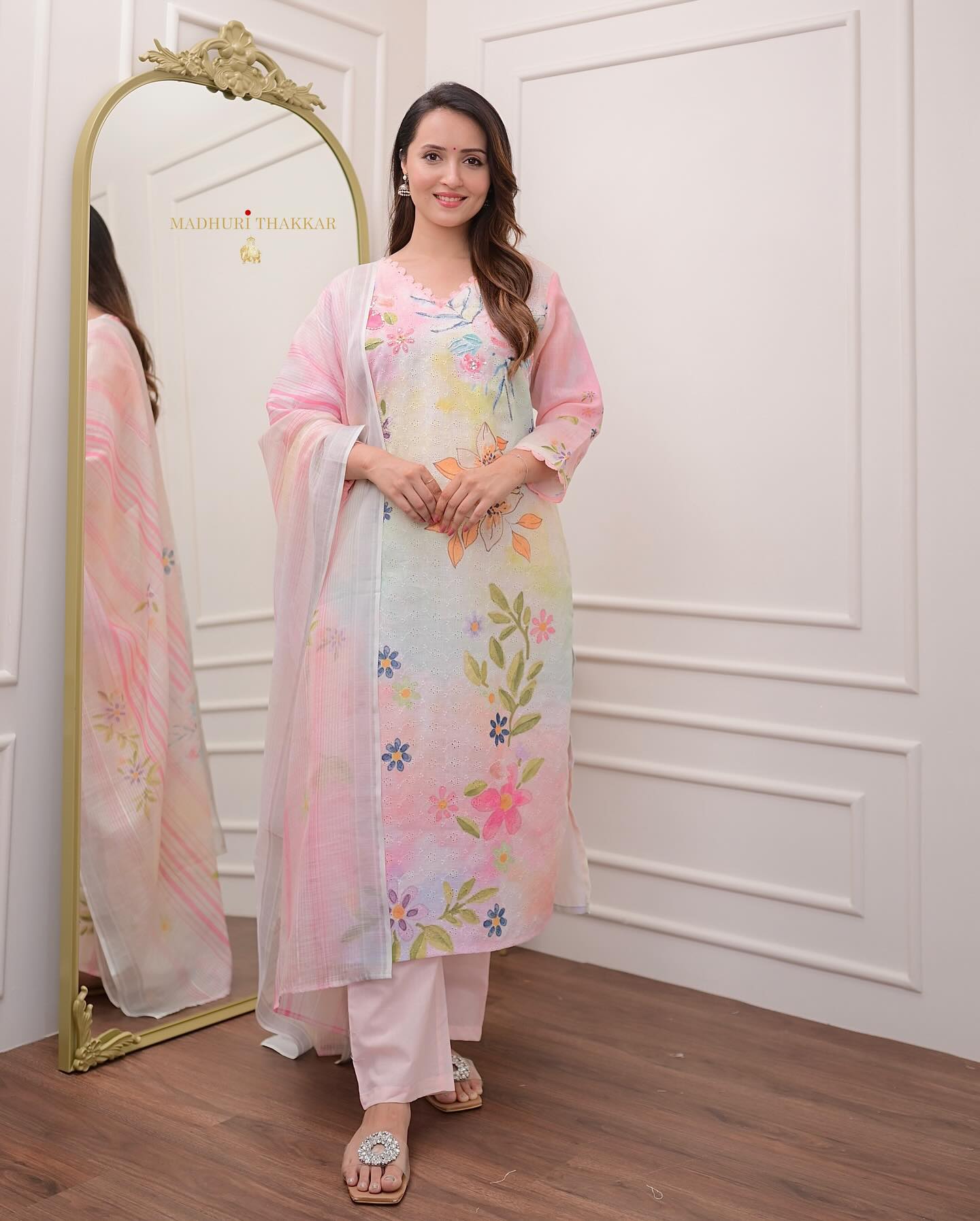 Women Cotton Chikan Schifli Kurta Pant and Dupatta set