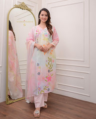 Women Cotton Chikan Schifli Kurta Pant and Dupatta set