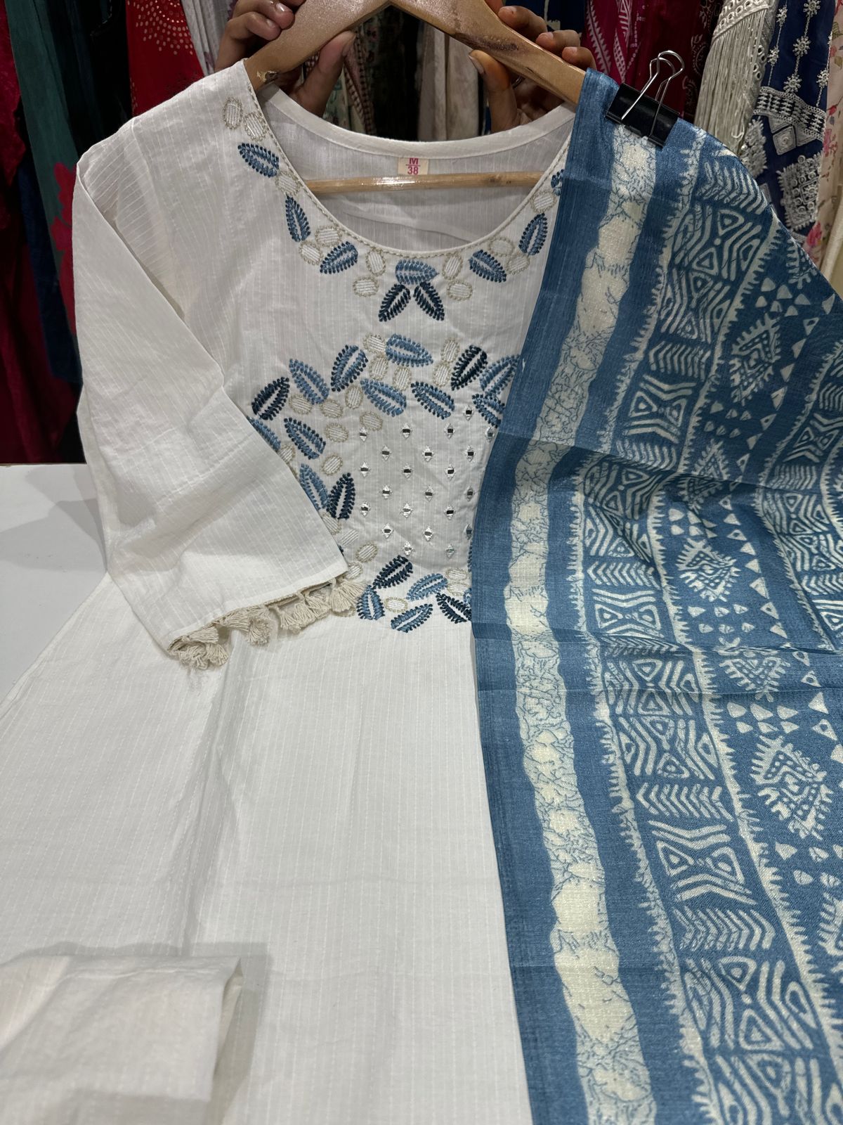 Women Cotton Fine Katha White Kurta Pant and Dupatta set