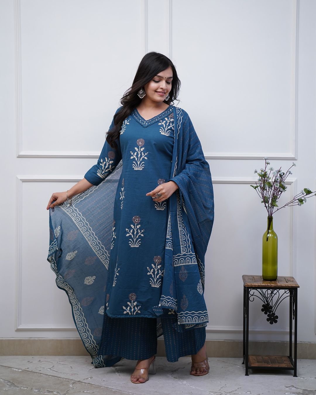 Women Heavy Cotton Blue kurta Pant and Dupatta set