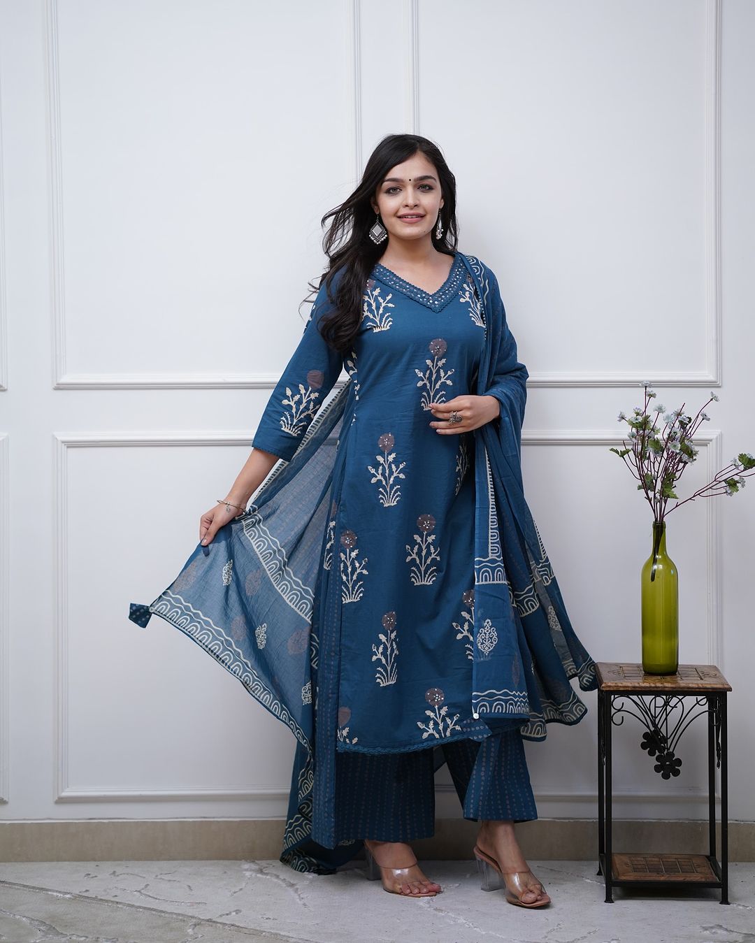 Women Heavy Cotton Blue kurta Pant and Dupatta set