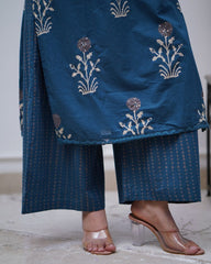 Women Heavy Cotton Blue kurta Pant and Dupatta set