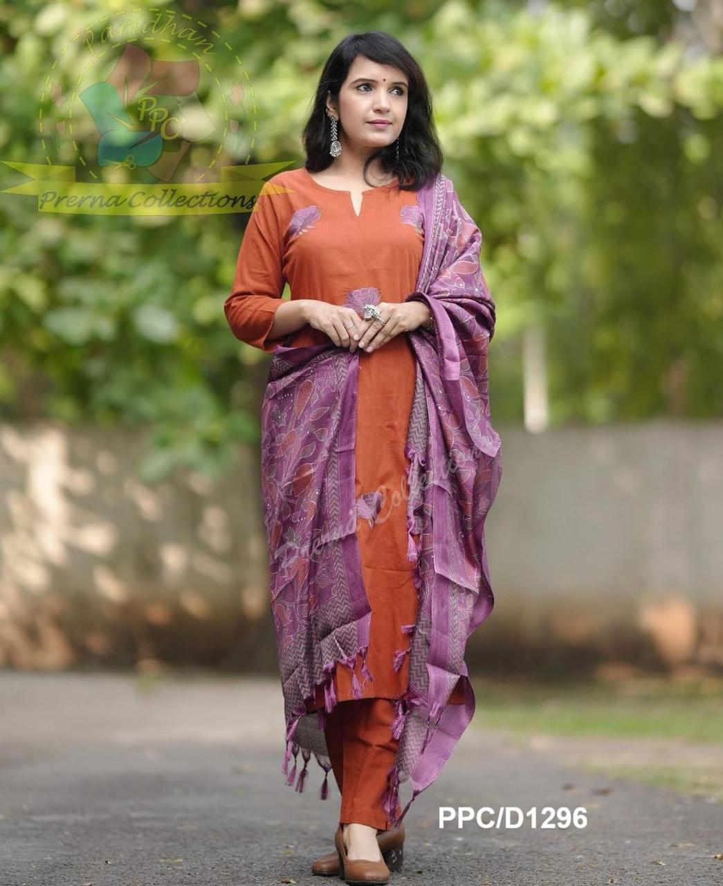 Women Khadi Cotton Orange Kurta Pant and Dupatta set