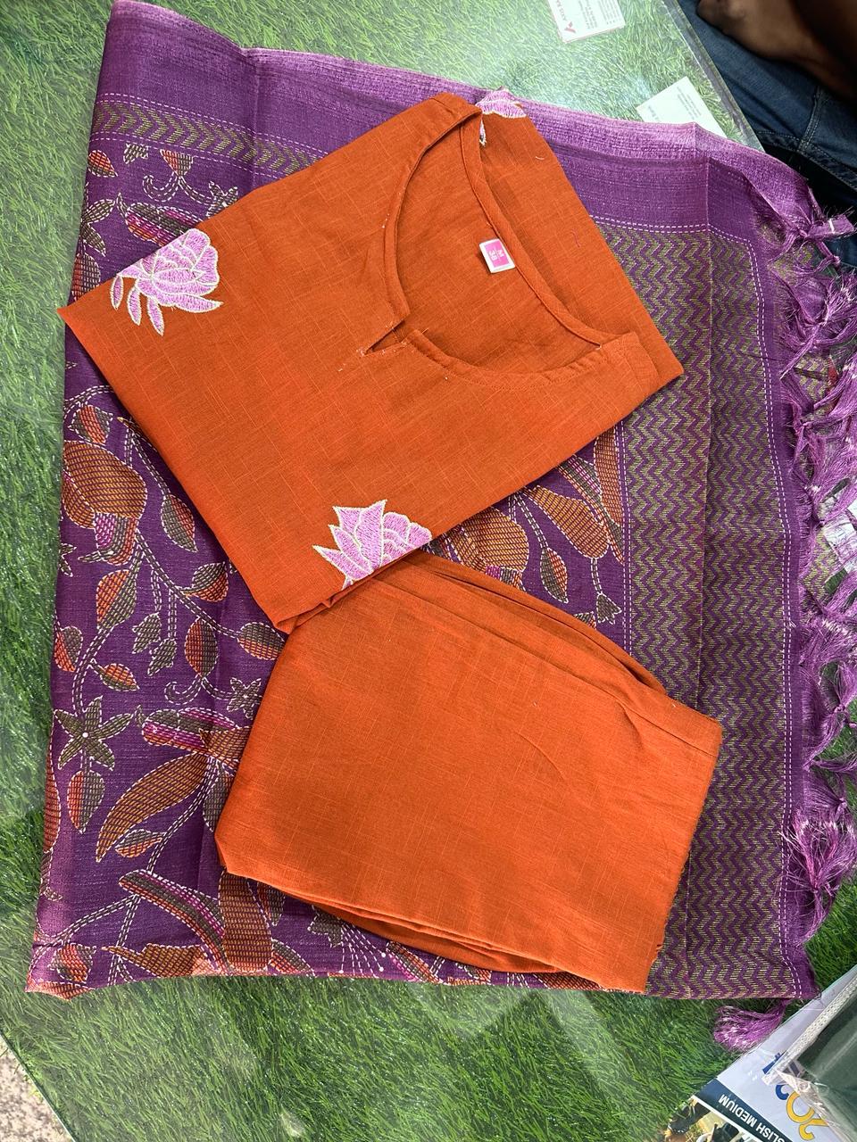 Women Khadi Cotton Orange Kurta Pant and Dupatta set