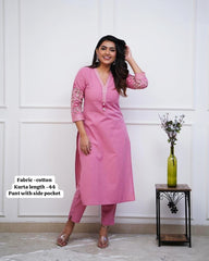 Women Cotton KS Pink Kurta Pant set