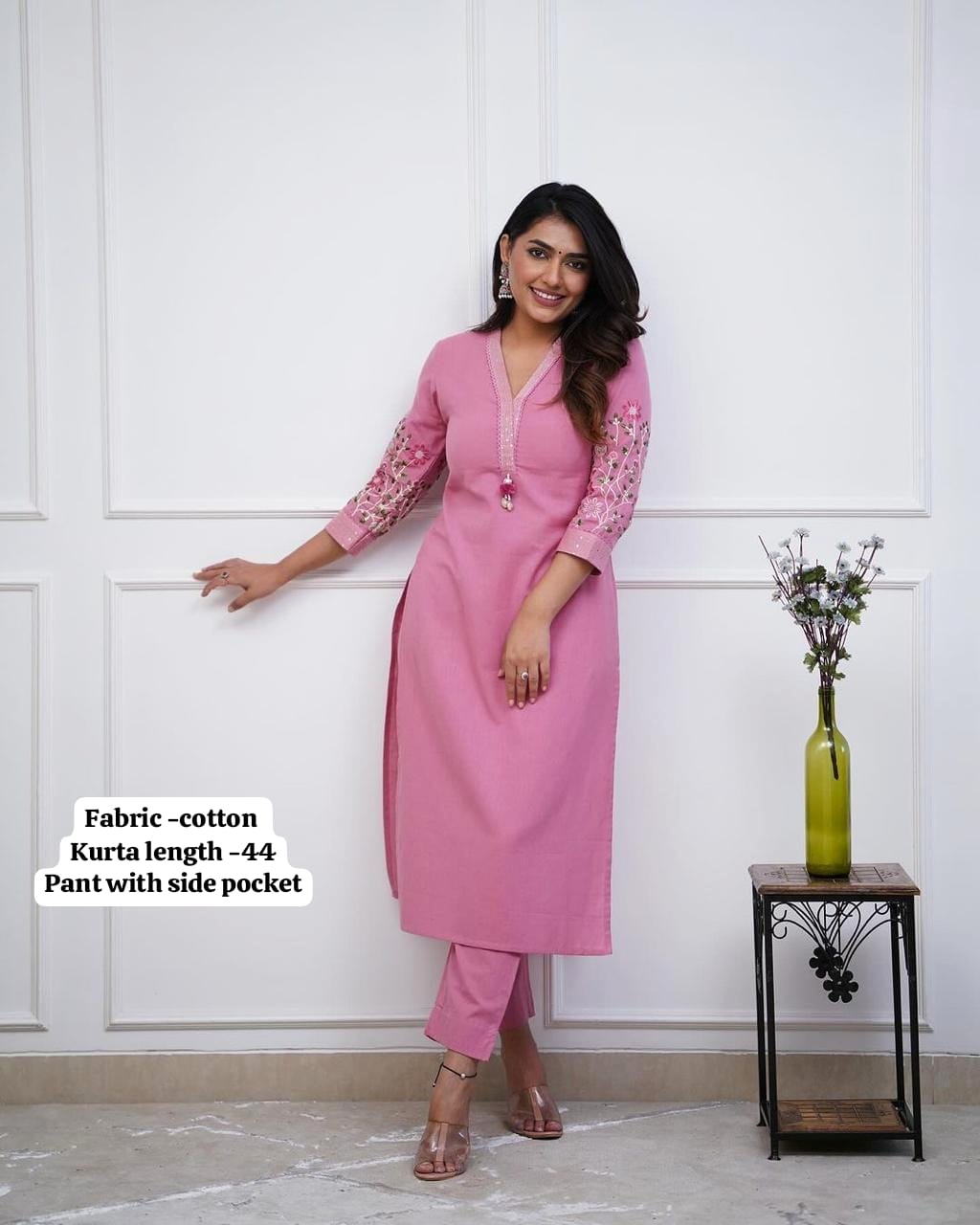 Women Cotton KS Pink Kurta Pant set