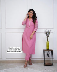 Women Cotton KS Pink Kurta Pant set