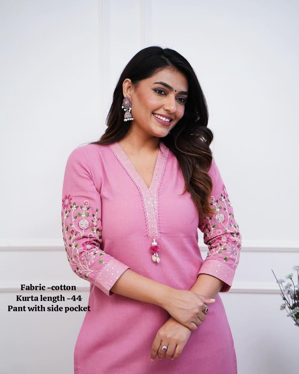 Women Cotton KS Pink Kurta Pant set