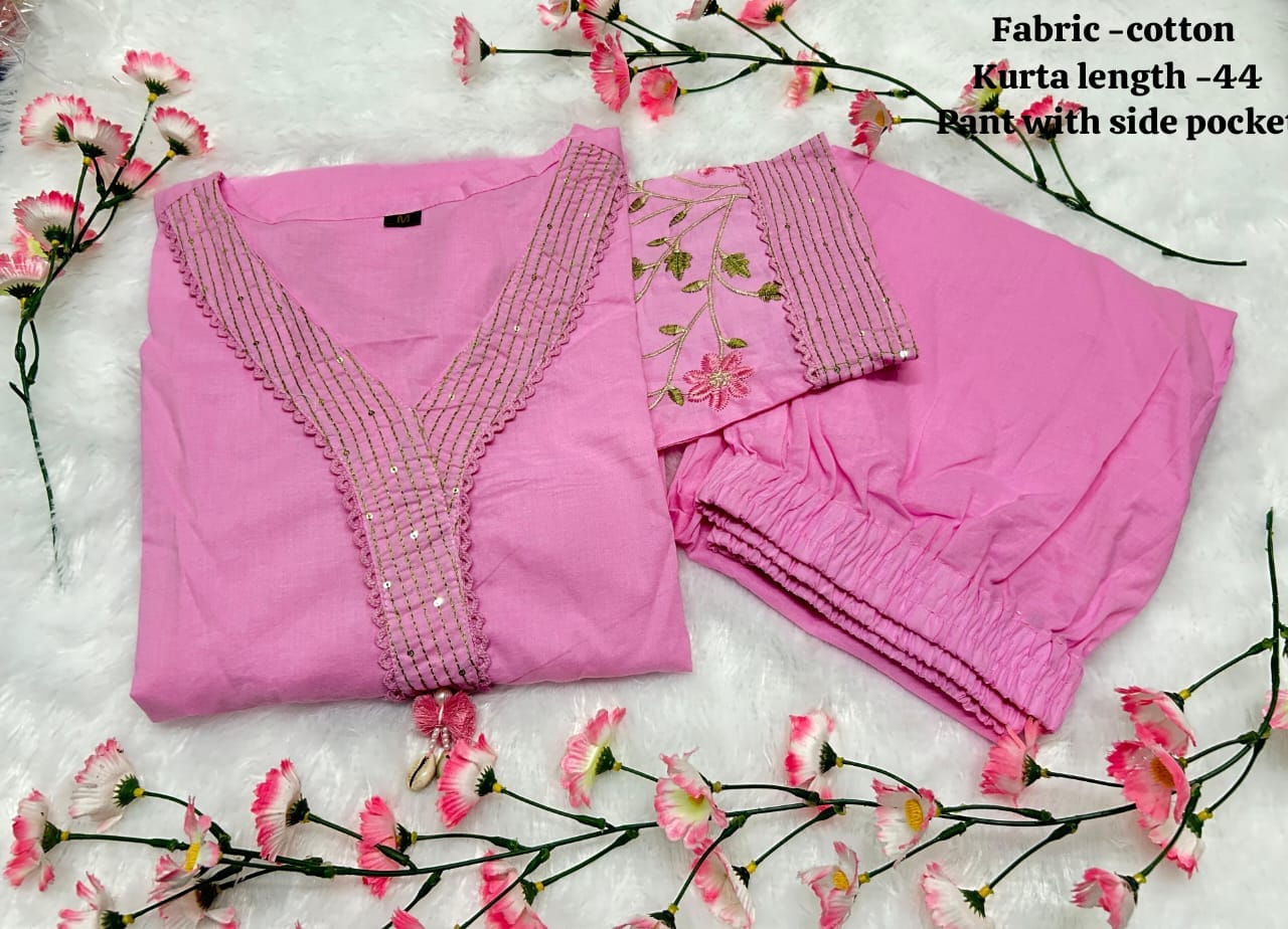 Women Cotton KS Pink Kurta Pant set