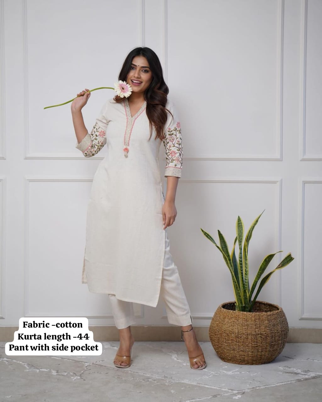 Women Cotton KS White Kurta Pant set