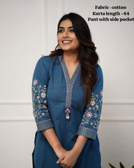 Women Cotton KS Blue Kurta Pant set