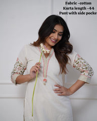 Women Cotton KS White Kurta Pant set