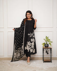 Women Ethnic Black Cotton Kurta Pant and Dupatta set