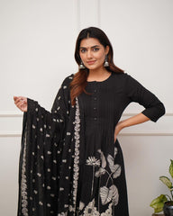 Women Ethnic Black Cotton Kurta Pant and Dupatta set