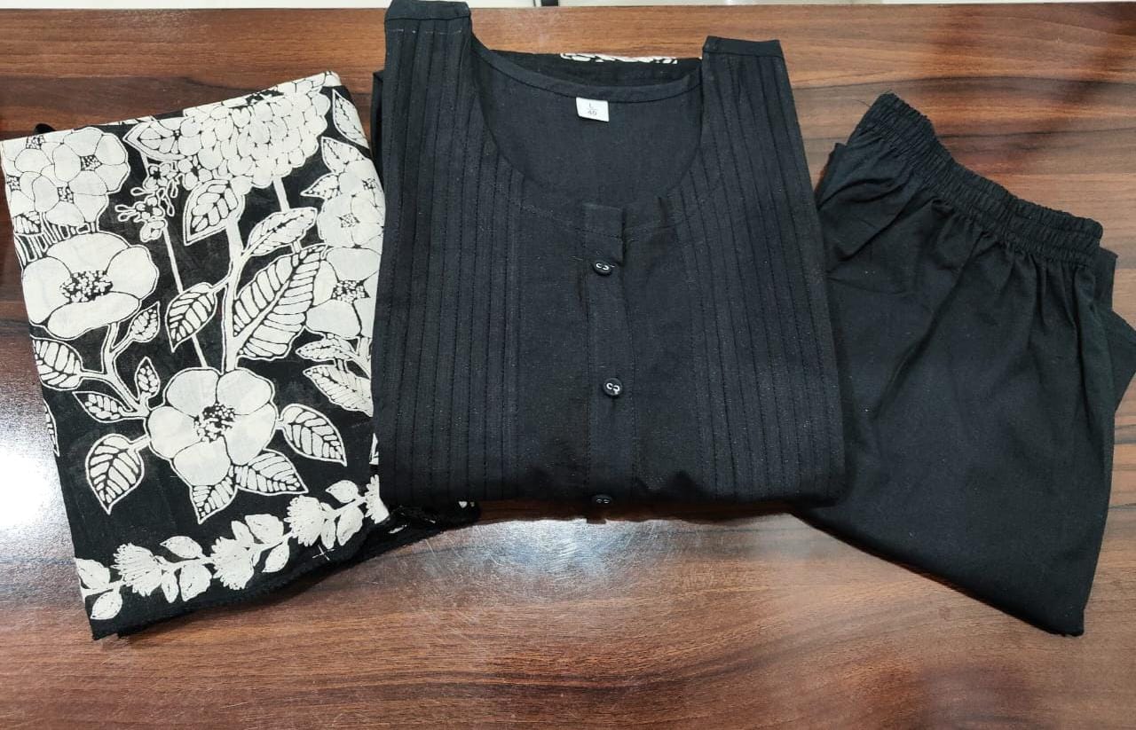 Women Ethnic Black Cotton Kurta Pant and Dupatta set