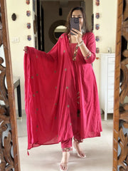 Women Pink NRI Embroidery Cotton Kurta Pant and Dupatta set