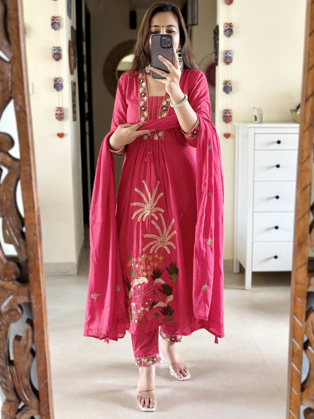 Women Pink NRI Embroidery Cotton Kurta Pant and Dupatta set