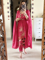 Women Pink NRI Embroidery Cotton Kurta Pant and Dupatta set