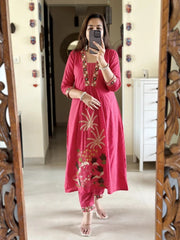 Women Pink NRI Embroidery Cotton Kurta Pant and Dupatta set