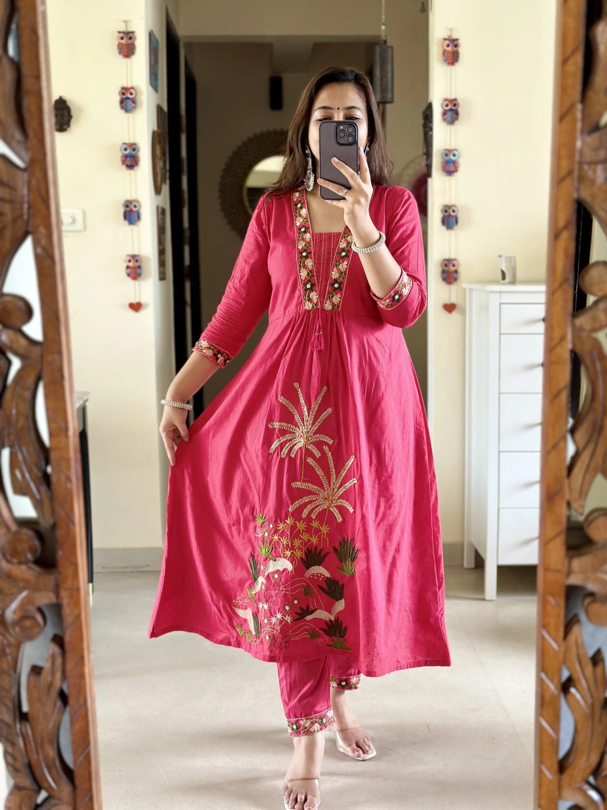 Women Pink NRI Embroidery Cotton Kurta Pant and Dupatta set