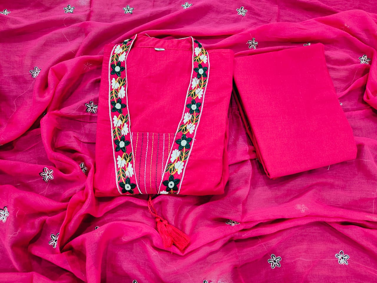 Women Pink NRI Embroidery Cotton Kurta Pant and Dupatta set