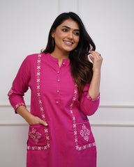 Women Cotton pocketed Pink Kurta Pant set