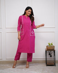 Women Cotton pocketed Pink Kurta Pant set