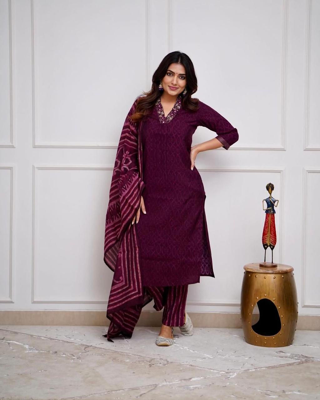 Women Festive Special Cotton Magenta Kurta Pant and Dupatta set