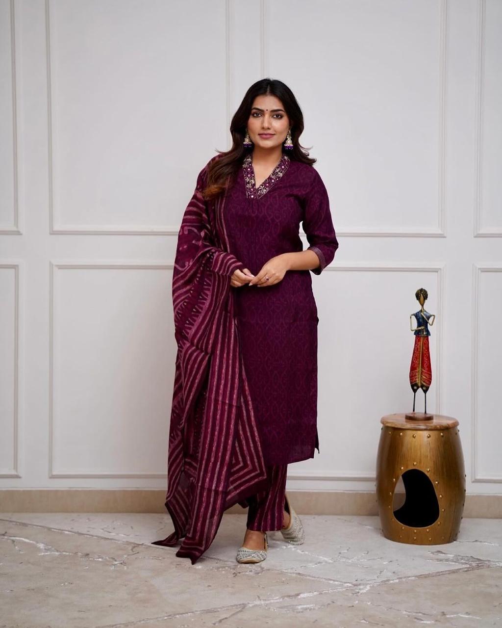 Women Festive Special Cotton Magenta Kurta Pant and Dupatta set