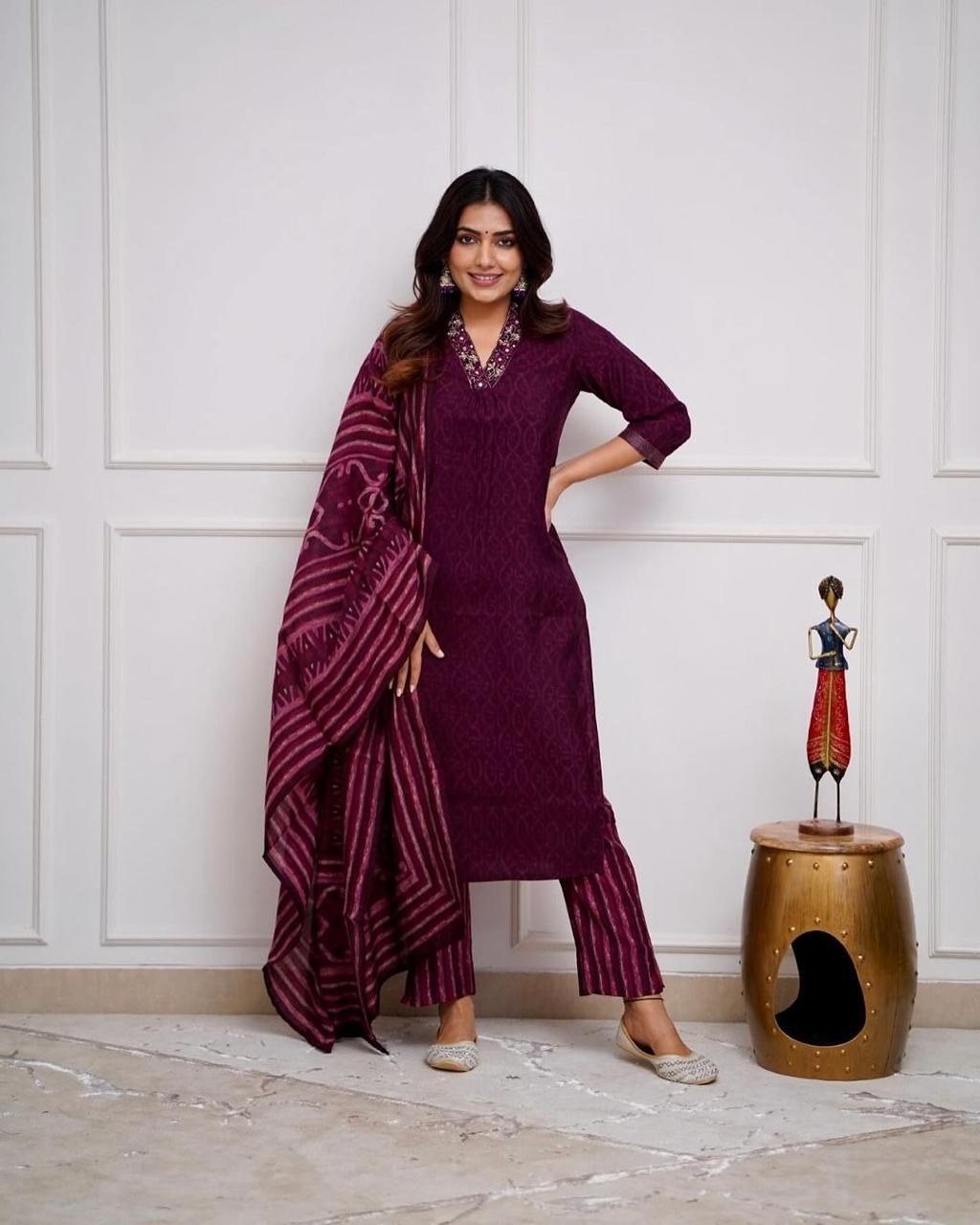 Women Festive Special Cotton Magenta Kurta Pant and Dupatta set