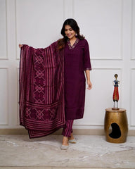 Women Festive Special Cotton Magenta Kurta Pant and Dupatta set