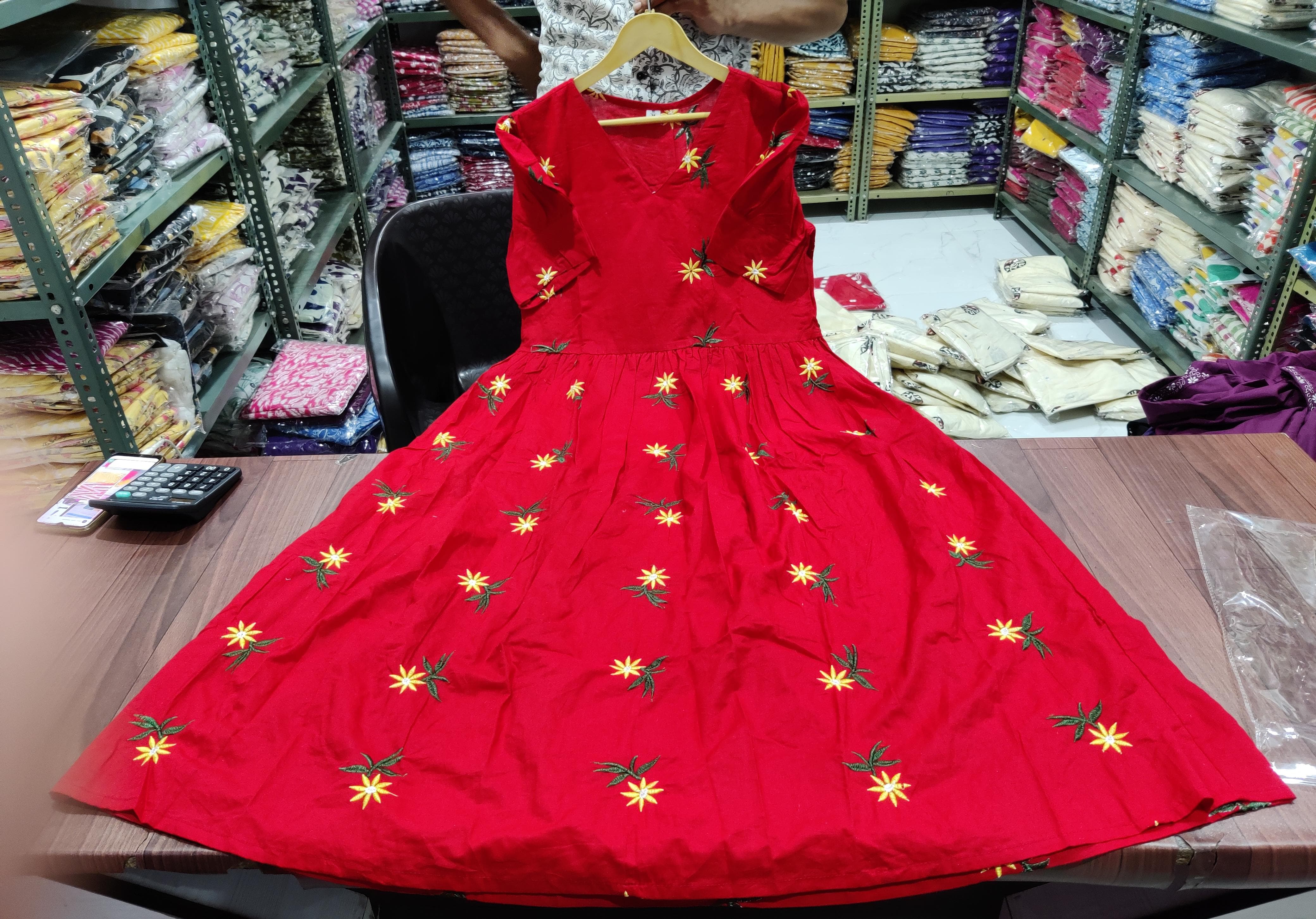 Women Red Cotton Embroidery Middi Gown