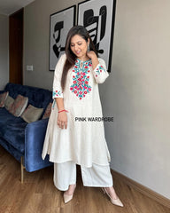 Women Cotton White Front Embroidery Kurta Pant set