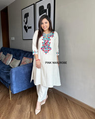 Women Cotton White Front Embroidery Kurta Pant set