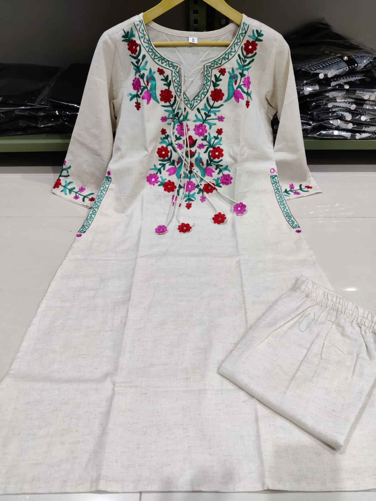 Women Cotton White Front Embroidery Kurta Pant set