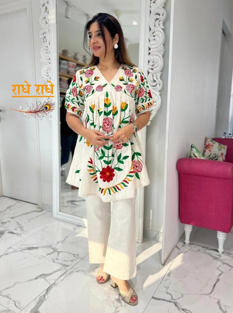 Women Cotton Full Aari work White Co-Ord Set