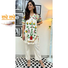 Women Cotton Full Aari work White Co-Ord Set