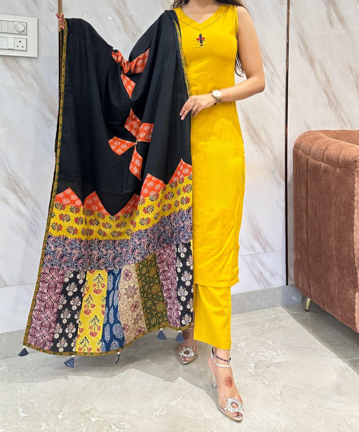 Women Cotton Yellow Sleeveless Kurta Pant and Dupatta set