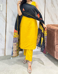 Women Cotton Yellow Sleeveless Kurta Pant and Dupatta set