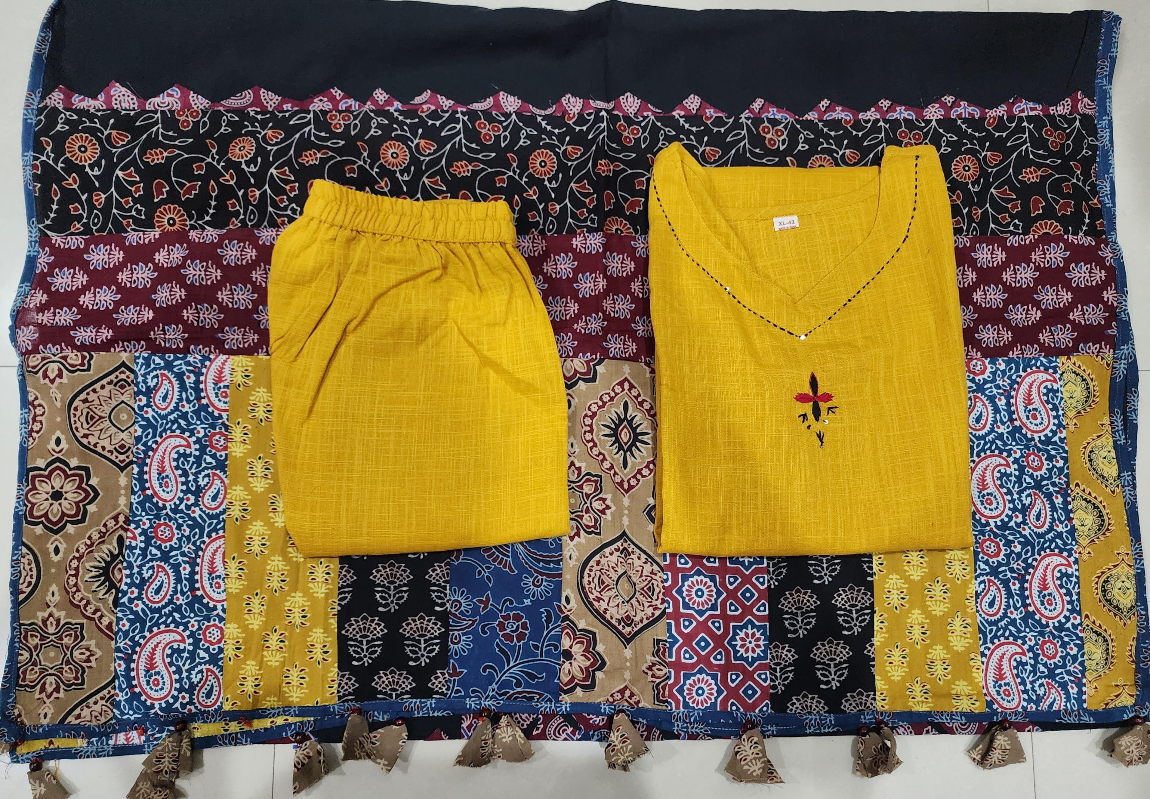 Women Cotton Yellow Sleeveless Kurta Pant and Dupatta set