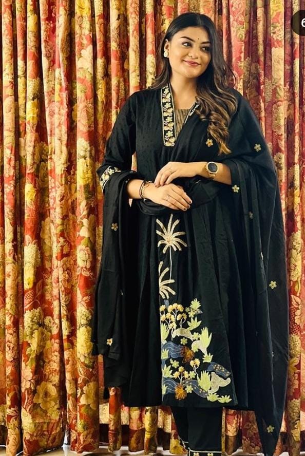 Women Black NRI Embroidery Cotton Kurta Pant and Dupatta set