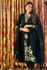 Women Black NRI Embroidery Cotton Kurta Pant and Dupatta set