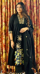 Women Black NRI Embroidery Cotton Kurta Pant and Dupatta set