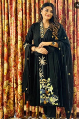 Women Black NRI Embroidery Cotton Kurta Pant and Dupatta set