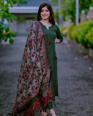 Women Green Rose embroidery Kurta Pant and Dupatta set